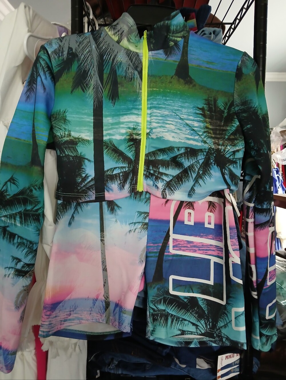 Tropical Palm Long-Sleeve Rash Guard Swim Top - Neon Zip - Blue Green Pink